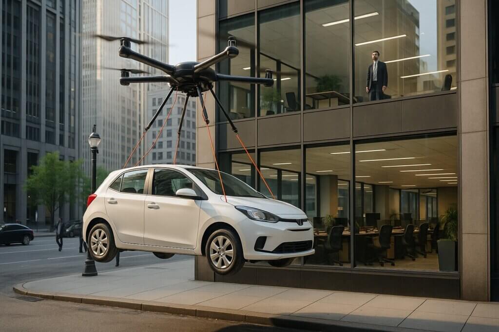 A drone delivers a car on a futuristic city.