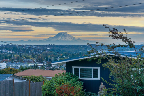 A view of Mount Rainier at sunset from Des Moines, Washington.