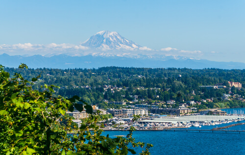 A view of the marina in Des Moines, Washington with Mount Rainier in the distance.