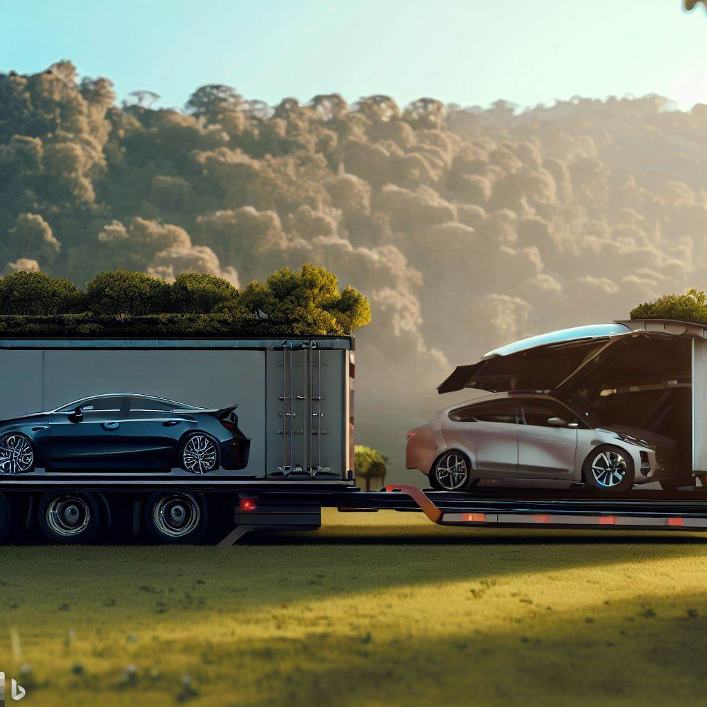 A side-by-side comparison of standard car shipping on an open trailer and luxury car shipping in an enclosed trailer