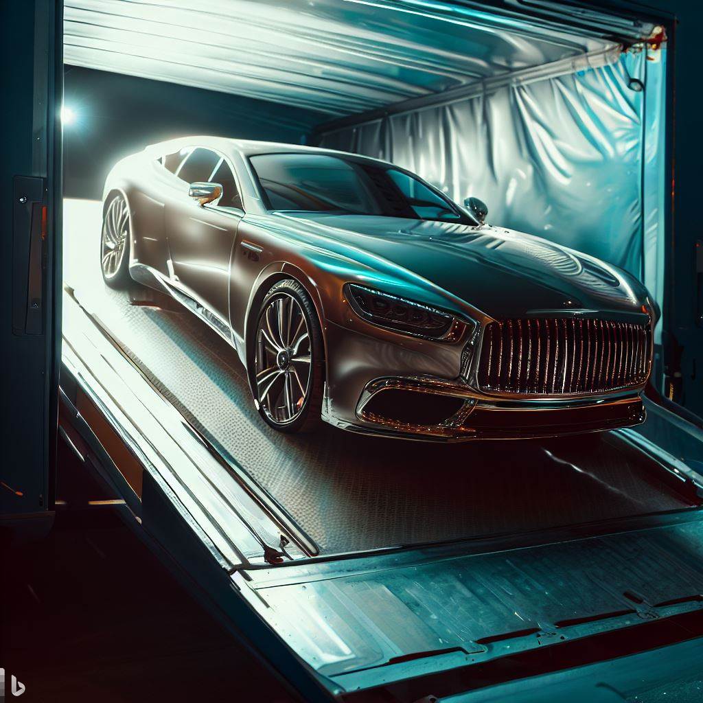 A gleaming luxury automobile being delicately loaded onto an enclosed shipping trailer.