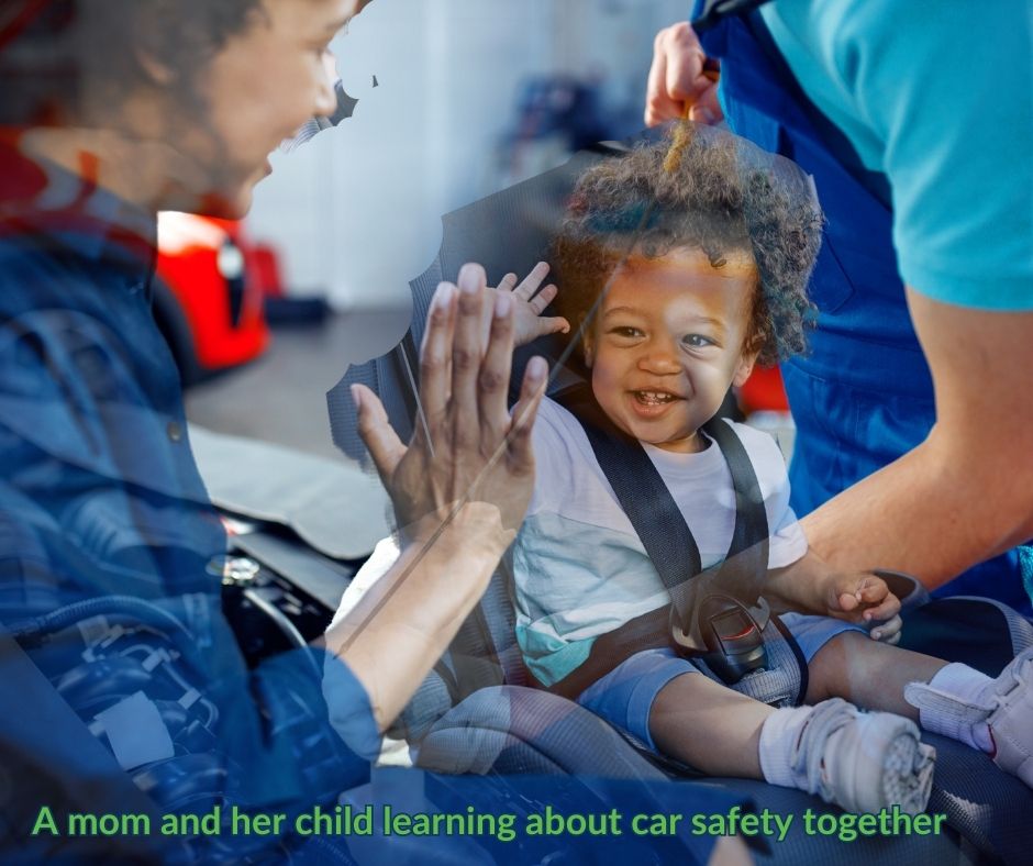 Mom with child performing car safety check. Happy Mothers Day