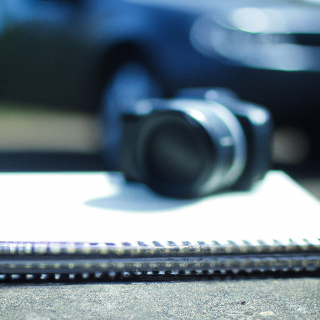 A notepad and camera with a car in the background