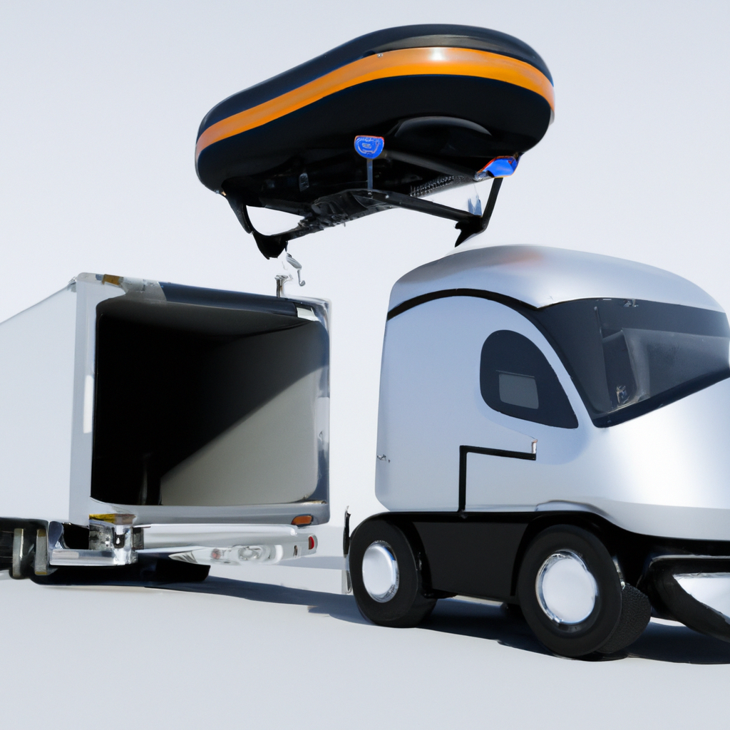 Futuristic autonomous vehicle being loaded onto a transport truck.