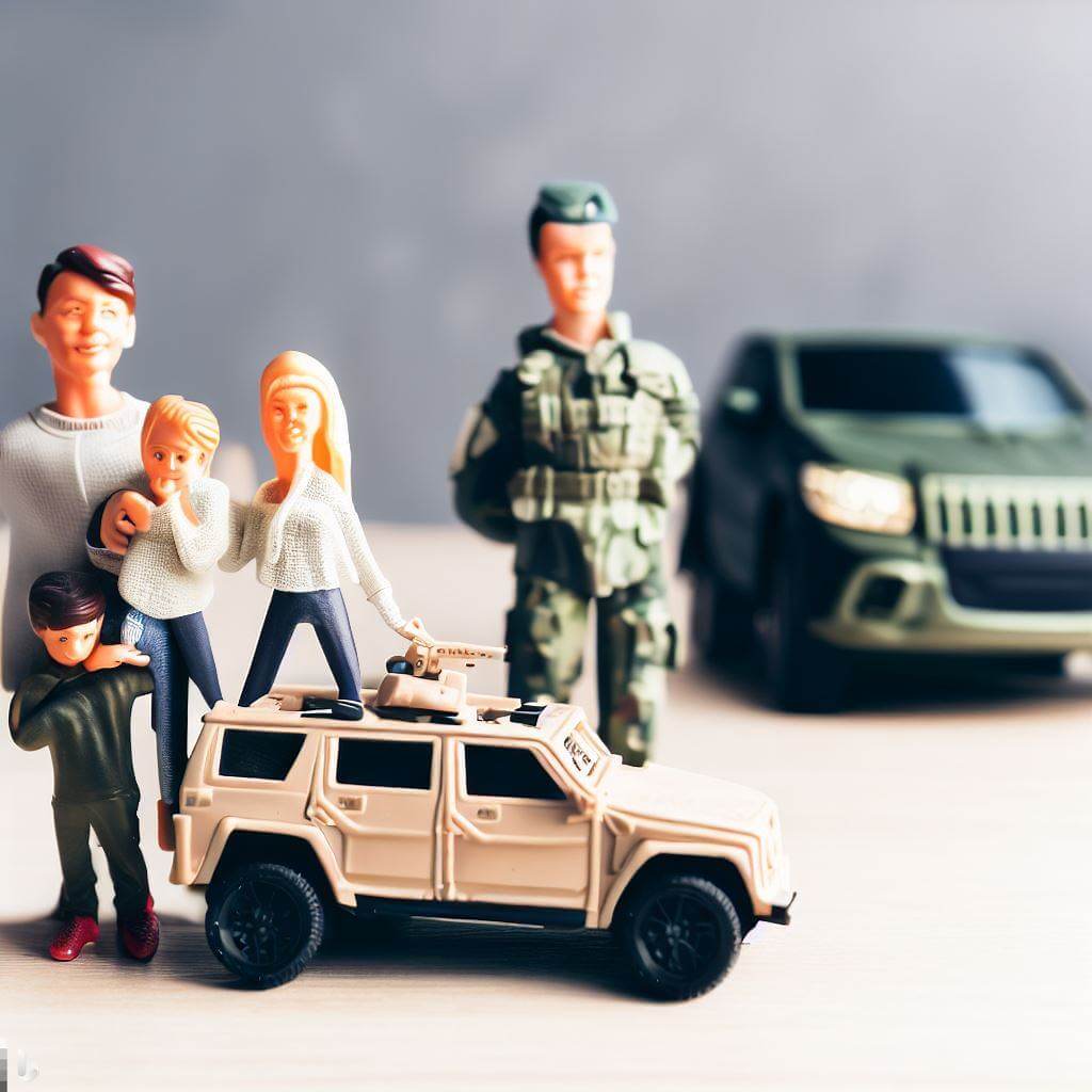 Military family smiling in front of their car
