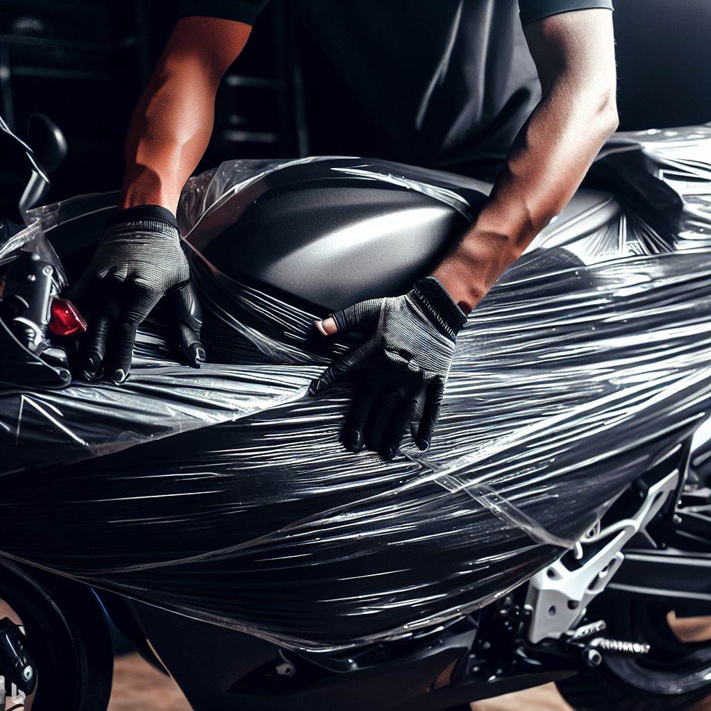 A person wrapping a motorcycle in protective padding