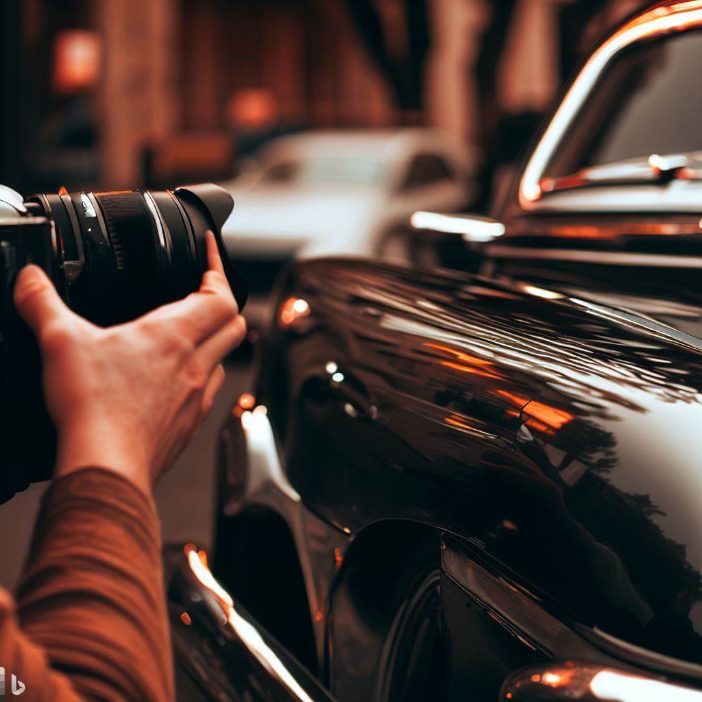 Person taking photographs of a classic car.