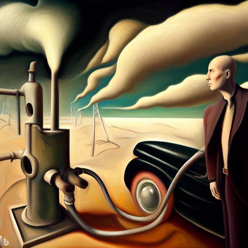 Surrealist painting illustrating external factors influencing gas prices