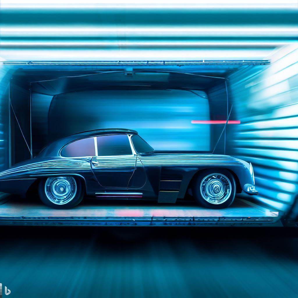 Enclosed transport trailer carrying a classic car.
