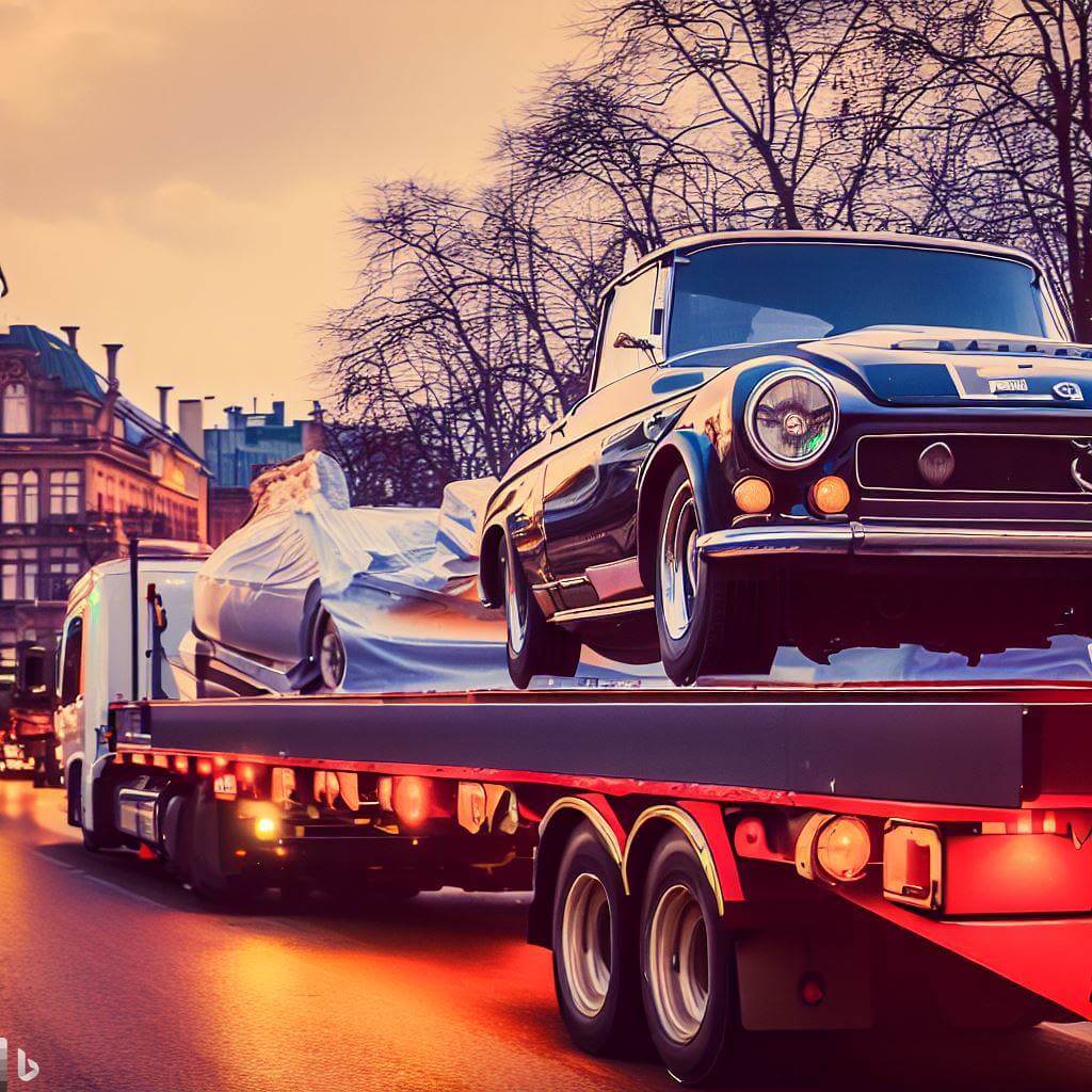 Nationwide Auto Transportation truck carrying a classic car.