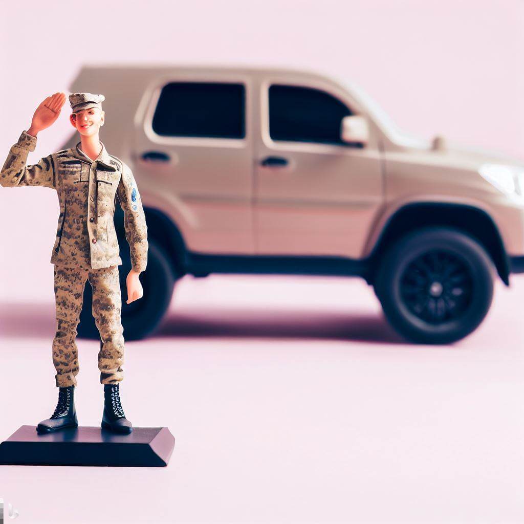 Soldier waving goodbye in front of a car
