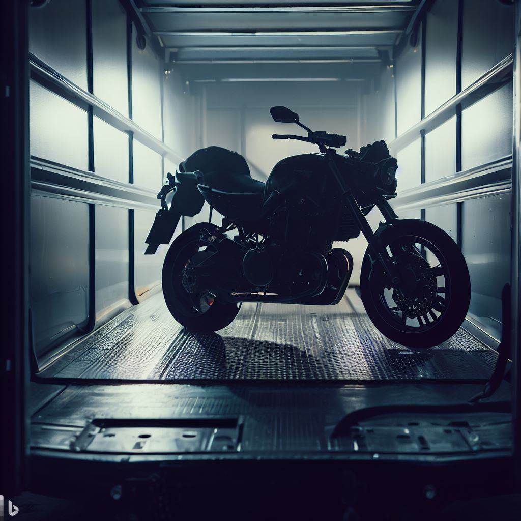 A motorcycle being transported in an enclosed trailer.