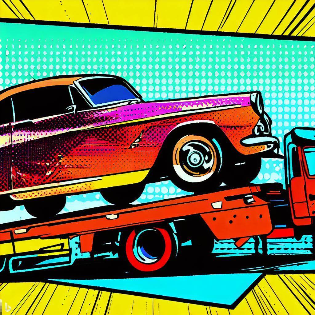 A classic car being loaded onto a transport trailer.