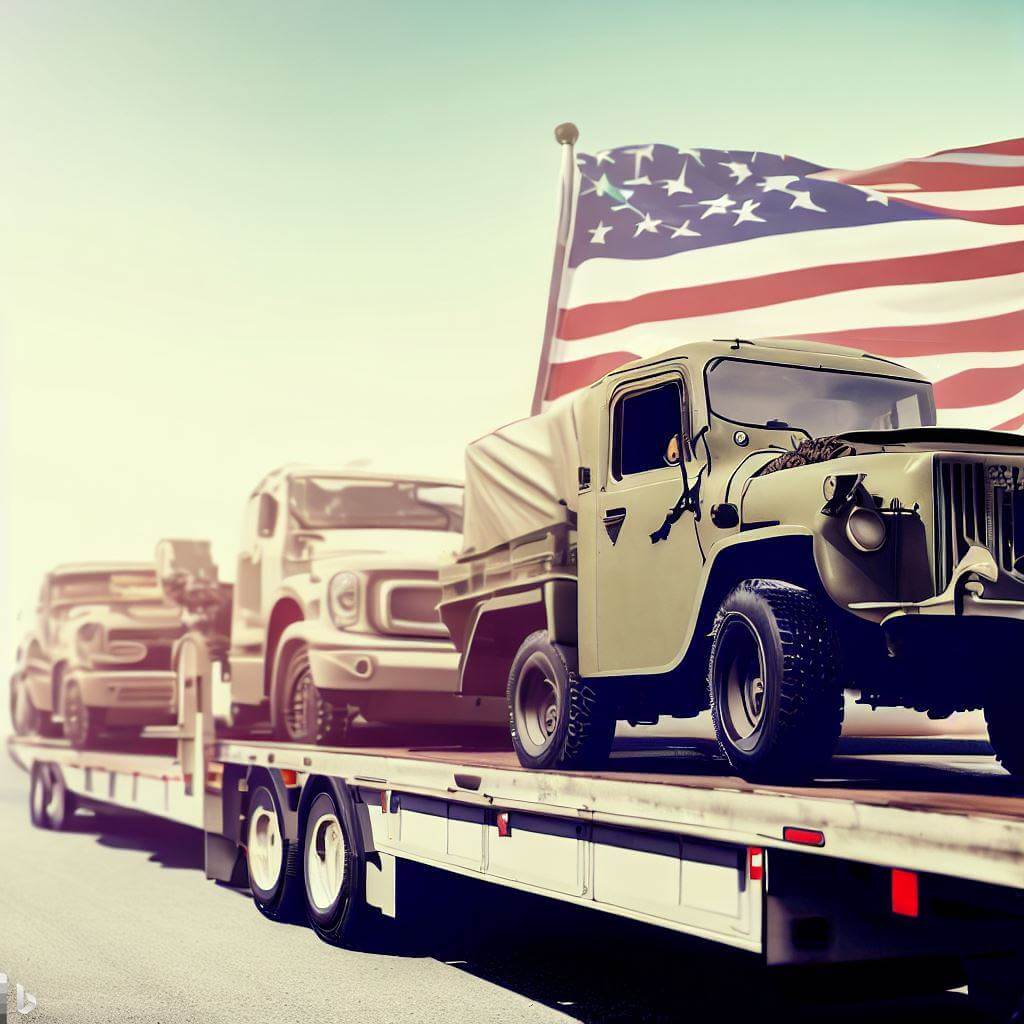 Military truck transporting cars