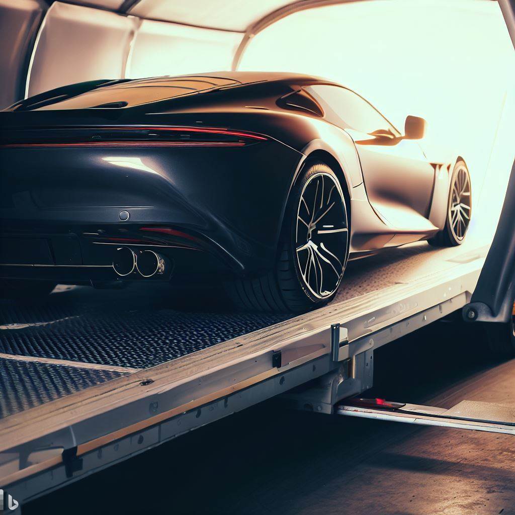 sleek luxury car being carefully loaded into an enclosed trailer
