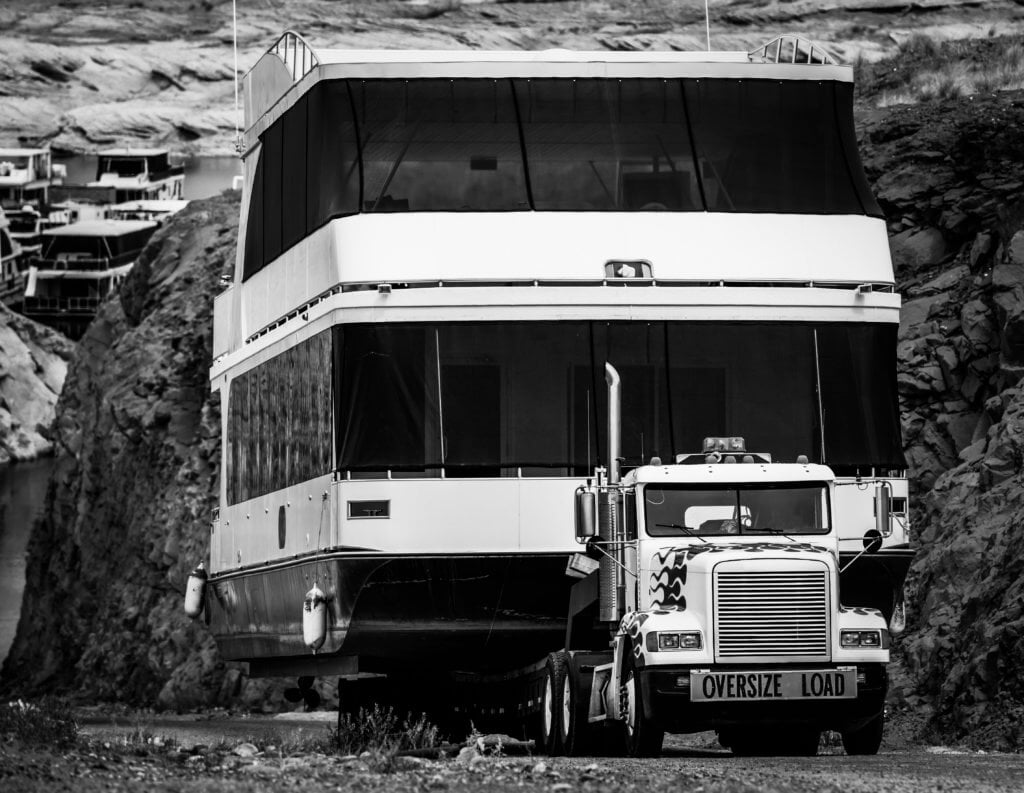 Professional boat transportation truck in transit