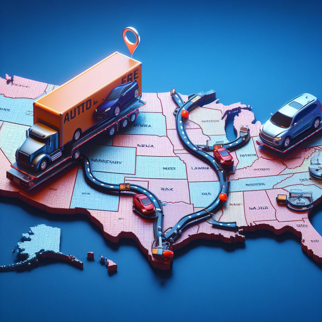 Map highlighting cross-country car shipping route. Nationwide Auto Transportation Routes