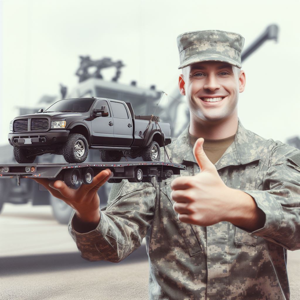Image that explains "MILITARY CAR SHIPPING". Smiling soldier with his truck being delivered on an auto carrier at his base