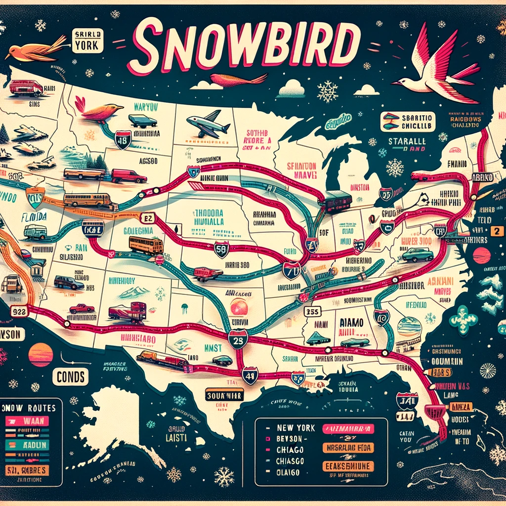 Map of Popular Snowbird Routes from Cold Regions to Warm Destinations