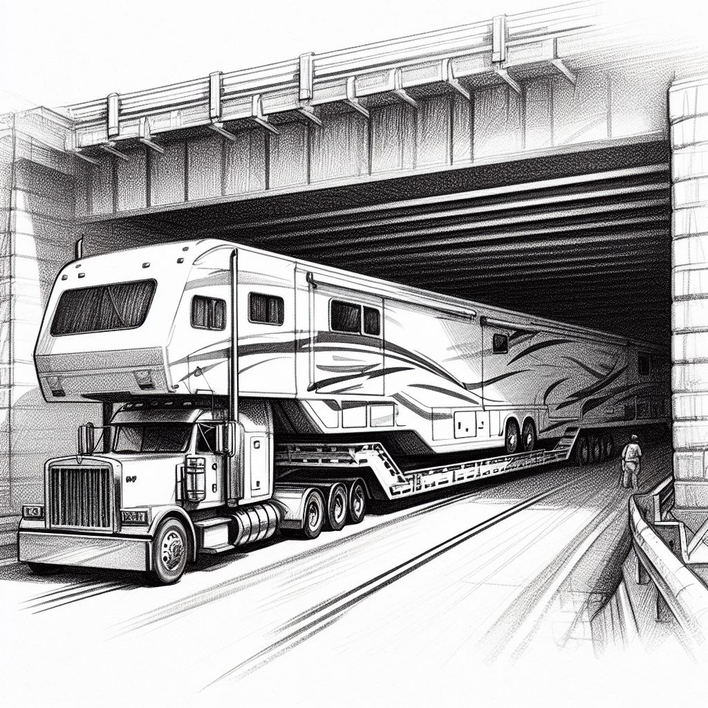 RV carrier effortlessly passing under a bridge