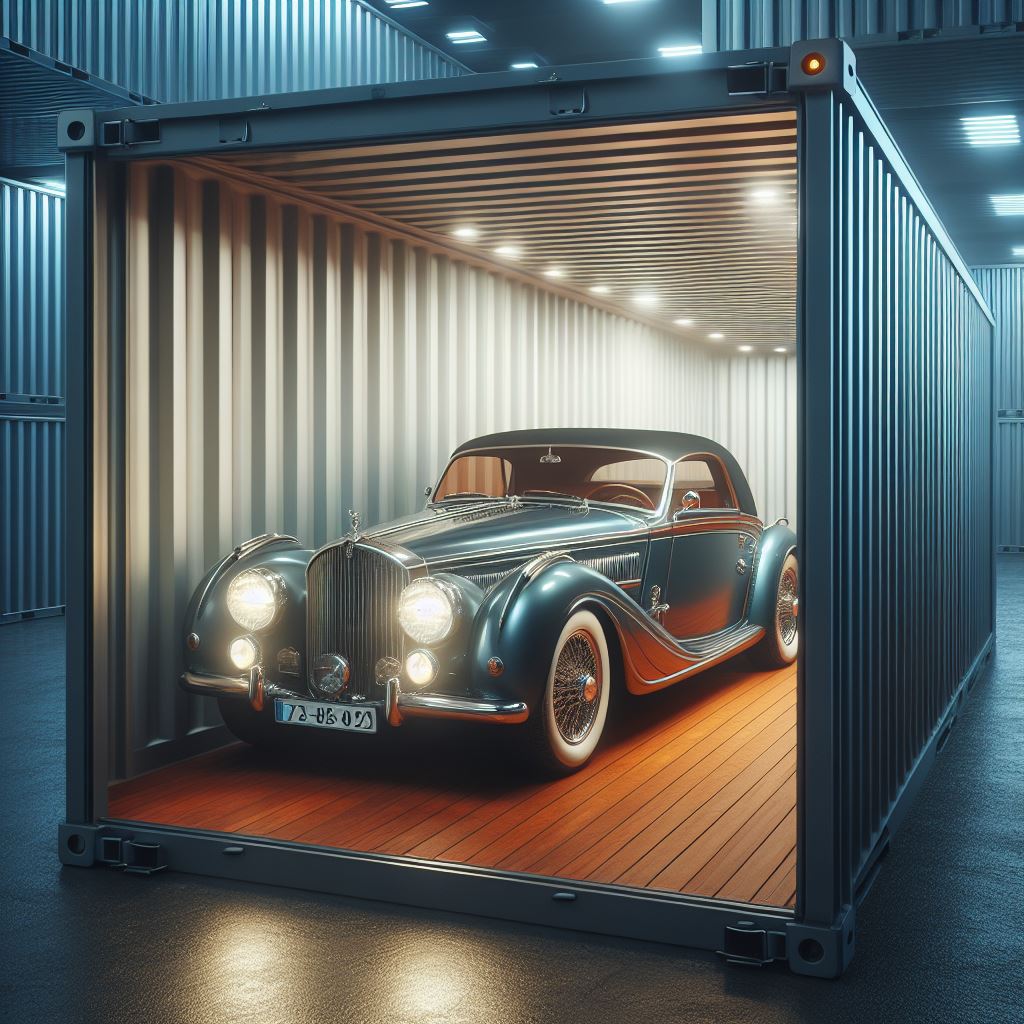 Luxury car in a secure, climate-controlled container.