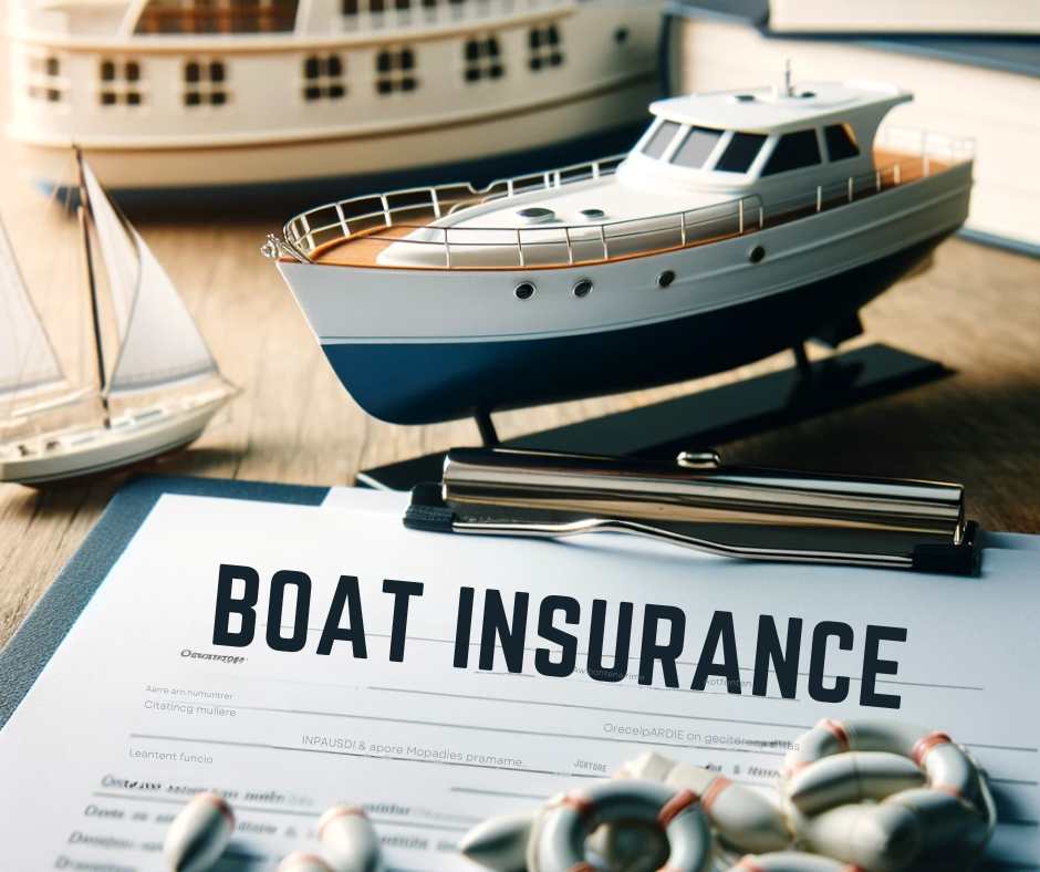 Close-up of insurance documents with a model boat in the background