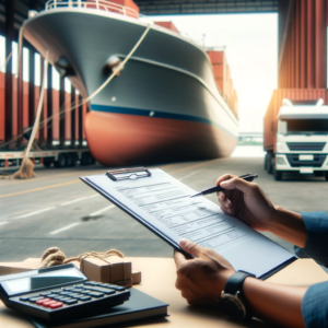 A person comparing documents on a clipboard, with a boat and transport truck visible.