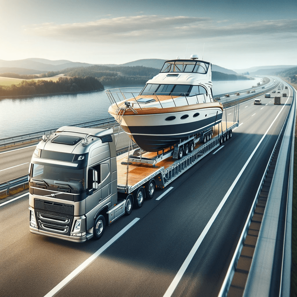 An open transport truck carrying a boat on a highway