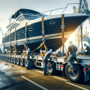 Close-up of a boat being secured onto a trailer for Roll-on_Roll-off (RoRo).
