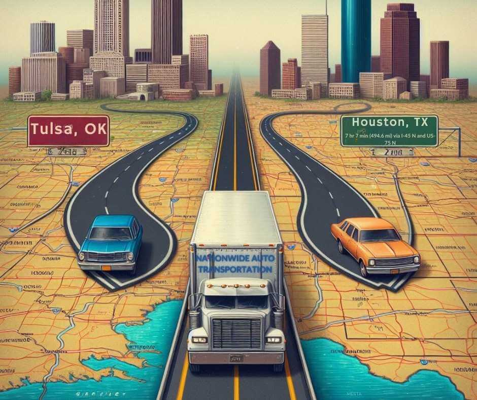 Route map for Tulsa car shipping service to Houston, TX