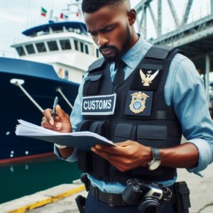 Customs officer inspecting international shipping documents