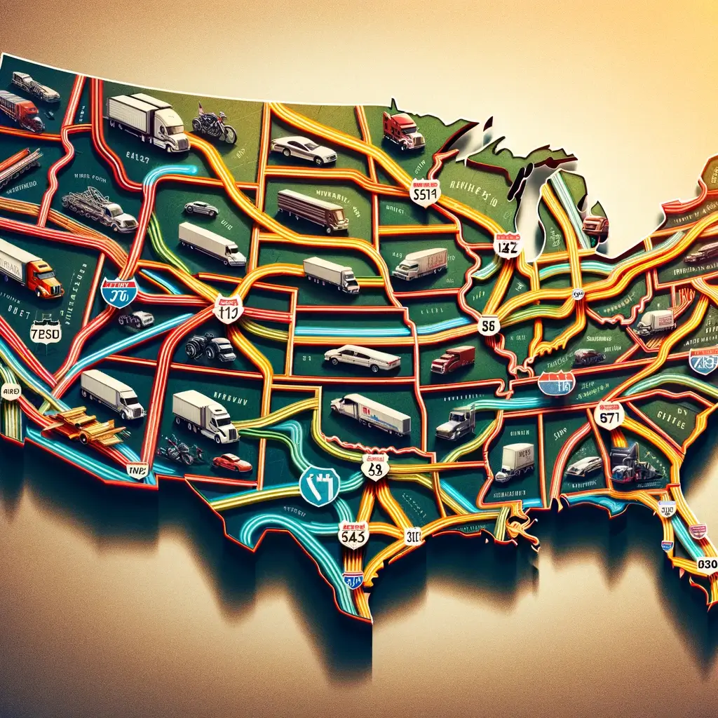 Map highlighting vehicle transportation routes across the U.S.