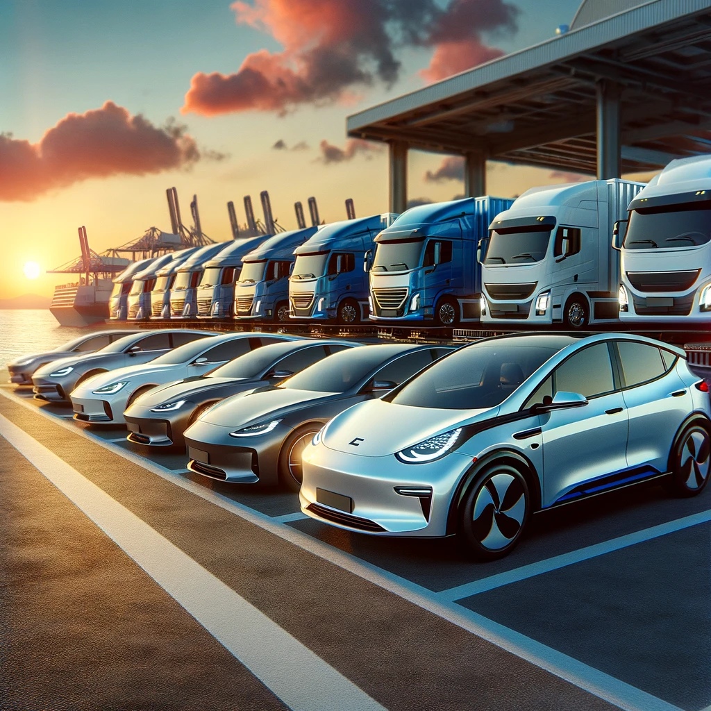 Fleet of electric vehicles lined up for auto shipping services.