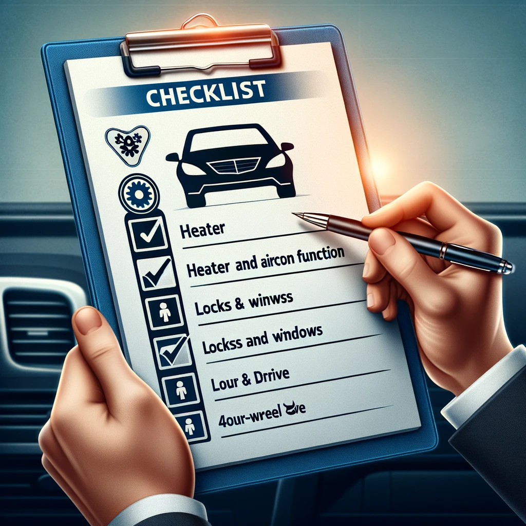  checklist that includes the inspection points for heater and aircon function, locks and windows, and four-wheel drive in the context of a car inspection