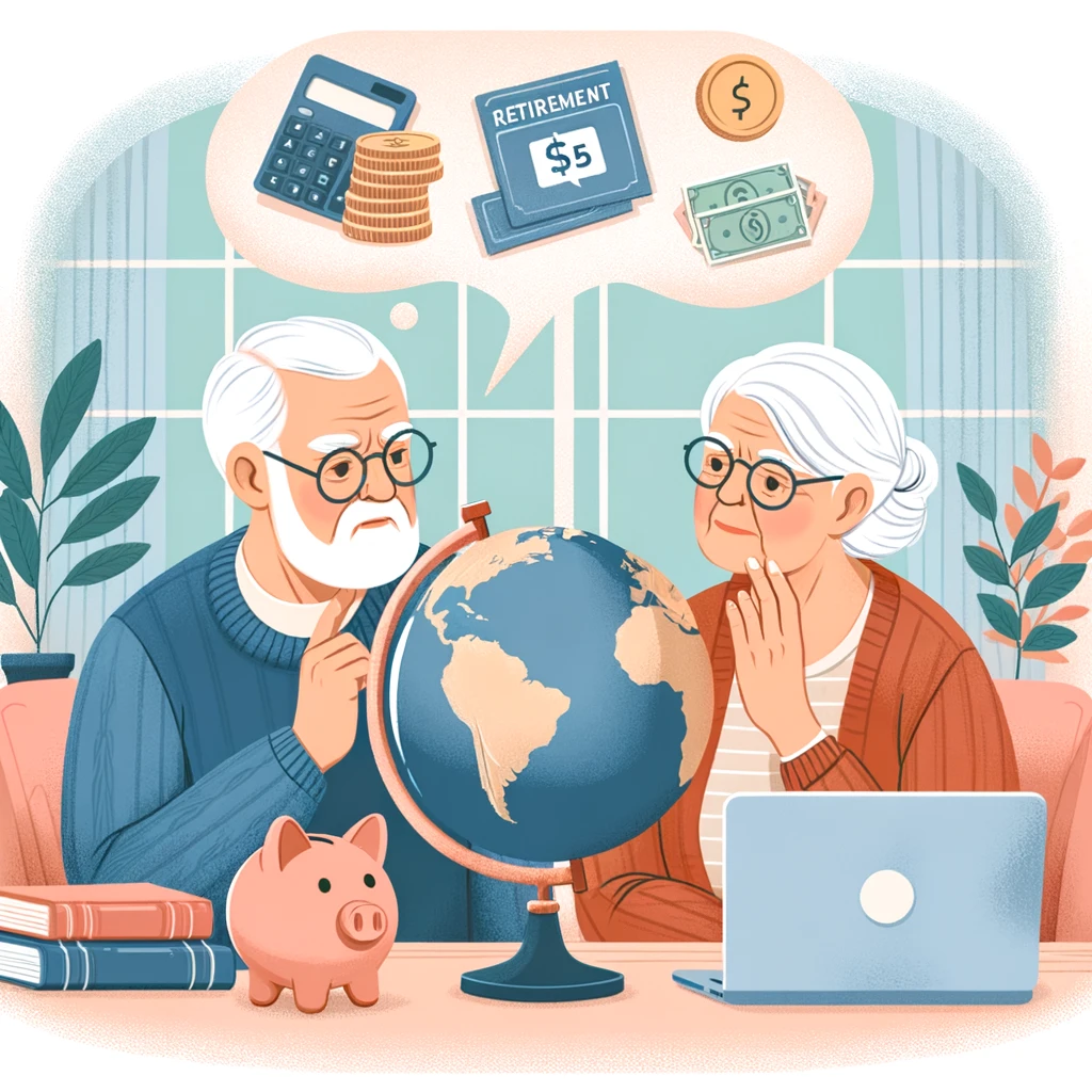 Elderly couple evaluating global retirement options, surrounded by financial planning tools, symbolizing the search for a secure and affordable retirement.