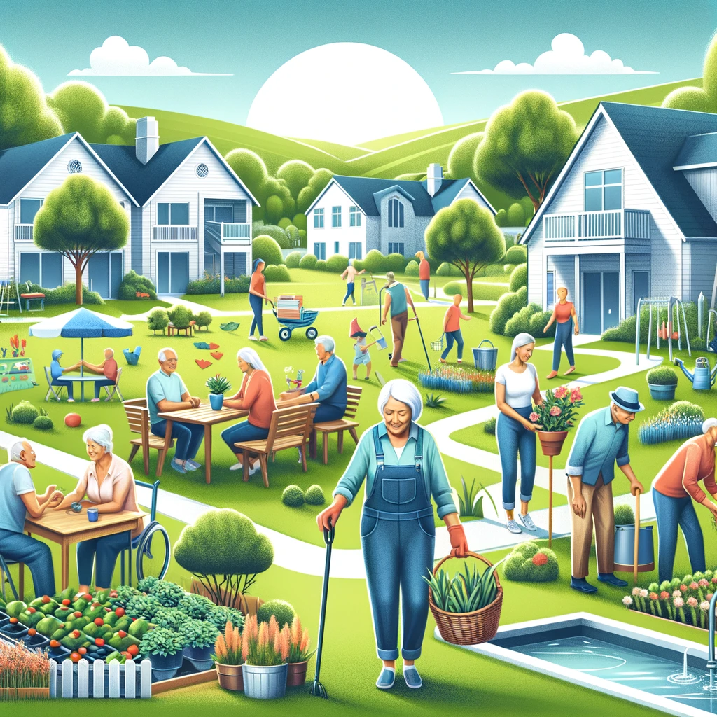 Retirees enjoying affordable lifestyle activities in a serene retirement community, showcasing energy-efficient living and accessible healthcare to fight inflation.