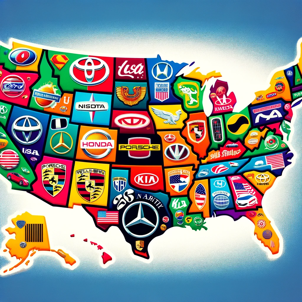 a map of the USA with the colorful logos of Toyota, Nissan, Honda, Porsche, Mercedes Benz, Rolls Royce, Aston Martin, Hyundai, and Kia is now ready. It showcases the widespread popularity of these brands across the United States