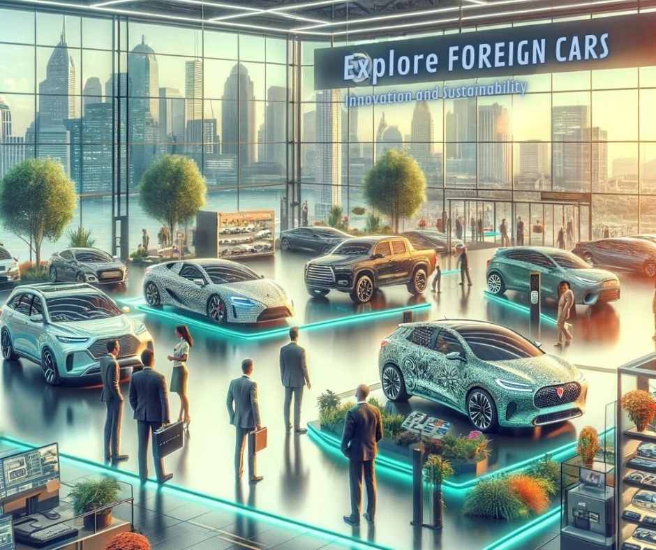 American consumers exploring diverse foreign cars in a dealership, highlighting innovation and sustainability.