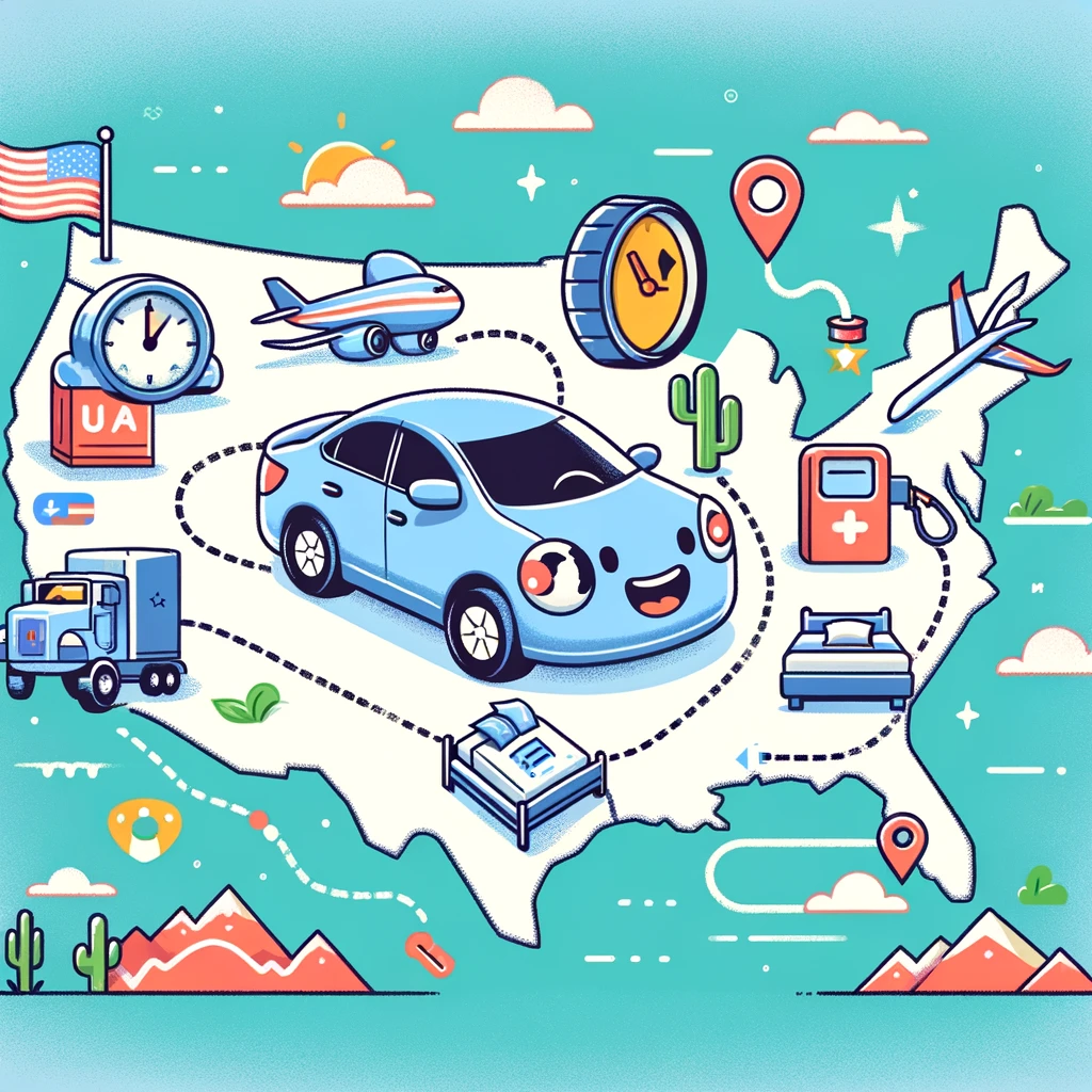 Car transport across USA map with journey cost icons - drive-away service illustration