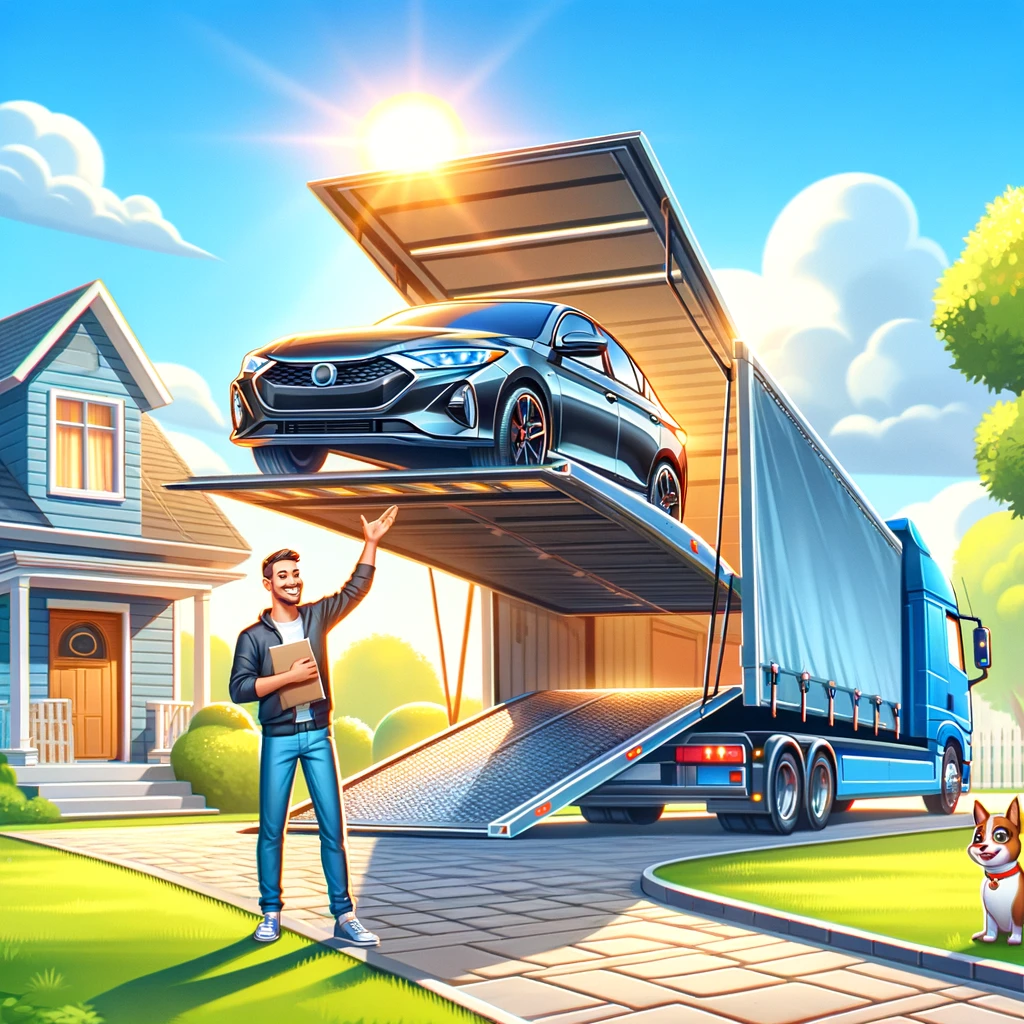 Sunny door-to-door auto transport with a car loading onto a carrier