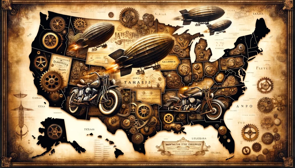 Steampunk USA map showcasing top motorcycle-buying states with vintage motorcycles and mechanical details, ideal for adventure seekers.