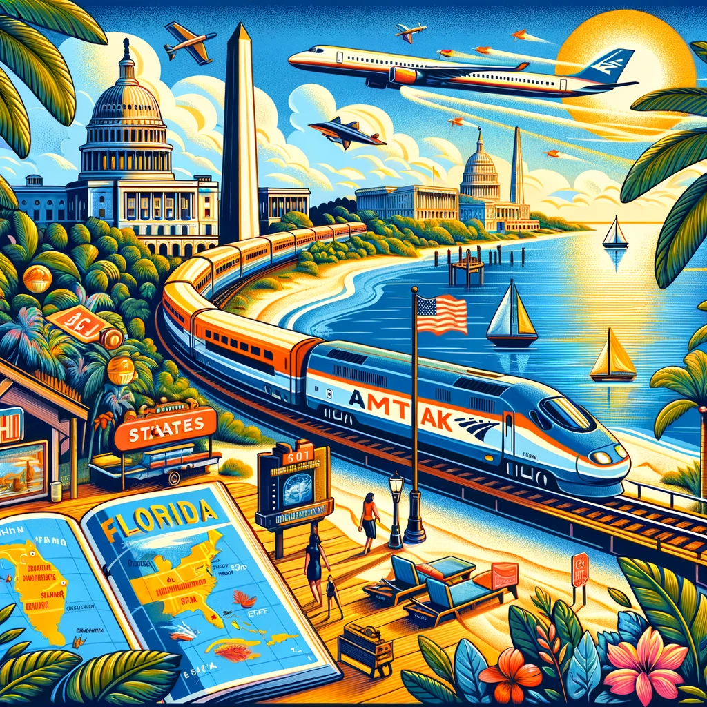 traveling from Washington, D.C., to Florida via the Amtrak Auto Train, highlighting the adventure, landscapes, and iconic symbols of both locations. 