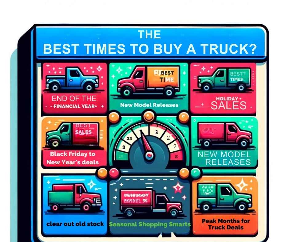 Calendar highlighting the best times to buy a truck with marked sale events and model release dates.