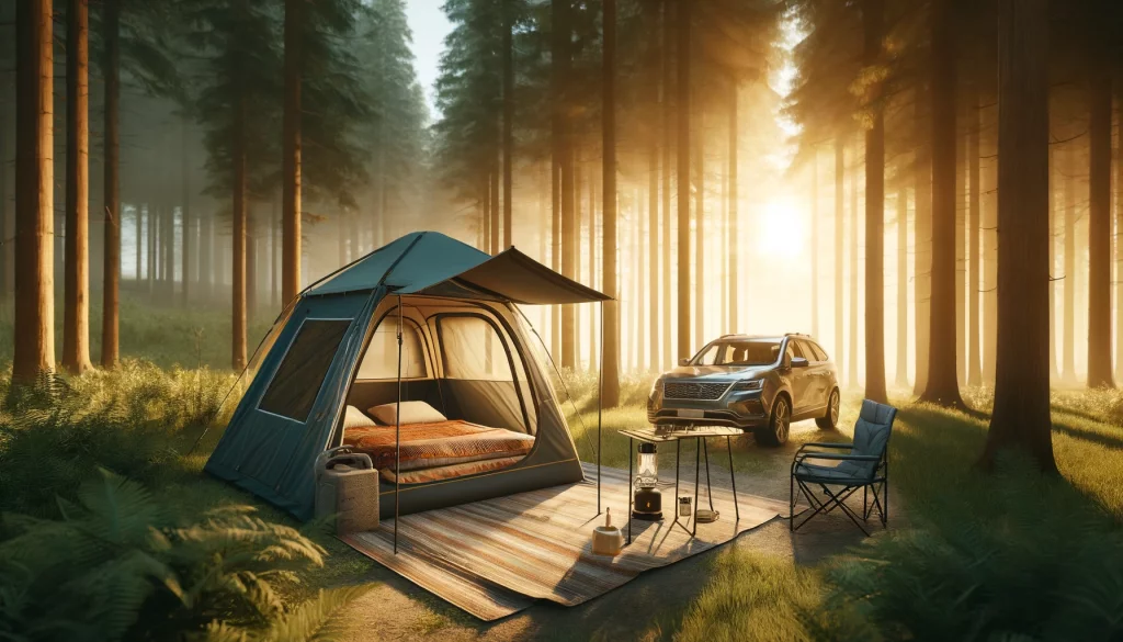 Spacious car camping tent setup in serene forest, showcasing cozy interior with camping essentials during golden hour.