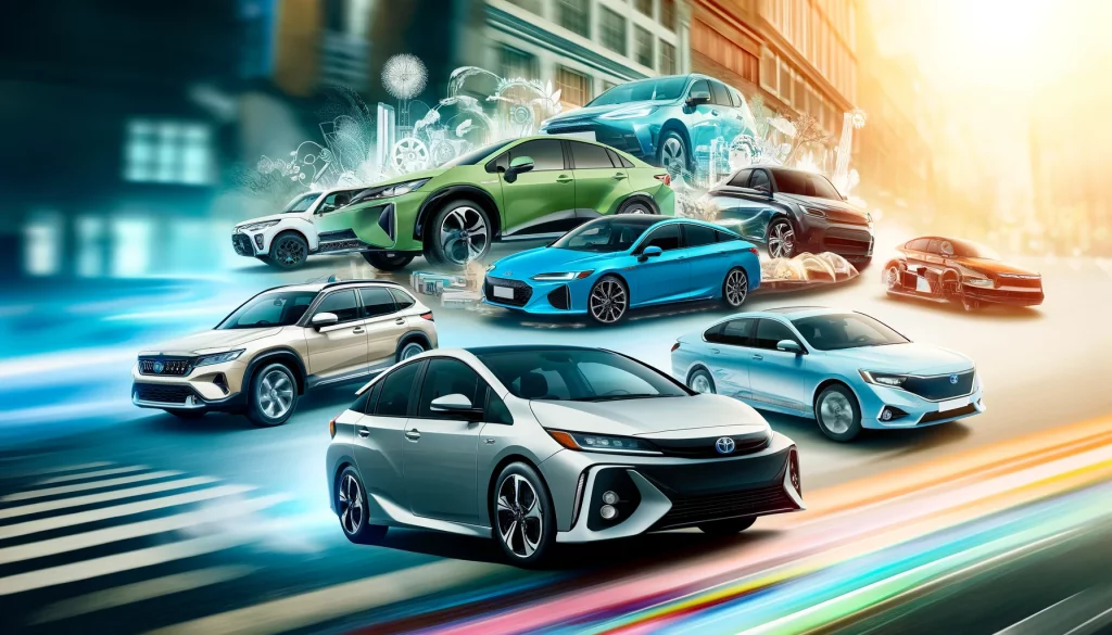 Dynamic collage of cars including Toyota Prius Prime and Honda Accord in an urban setting.