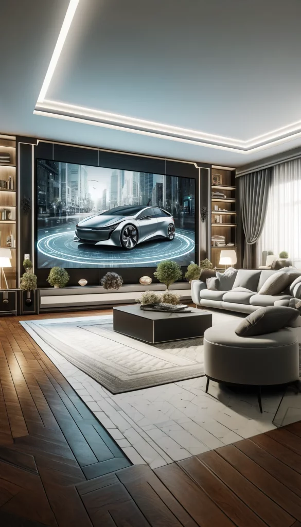 Elegant modern living room with a virtual car expo on display, blending technology with lifestyle.