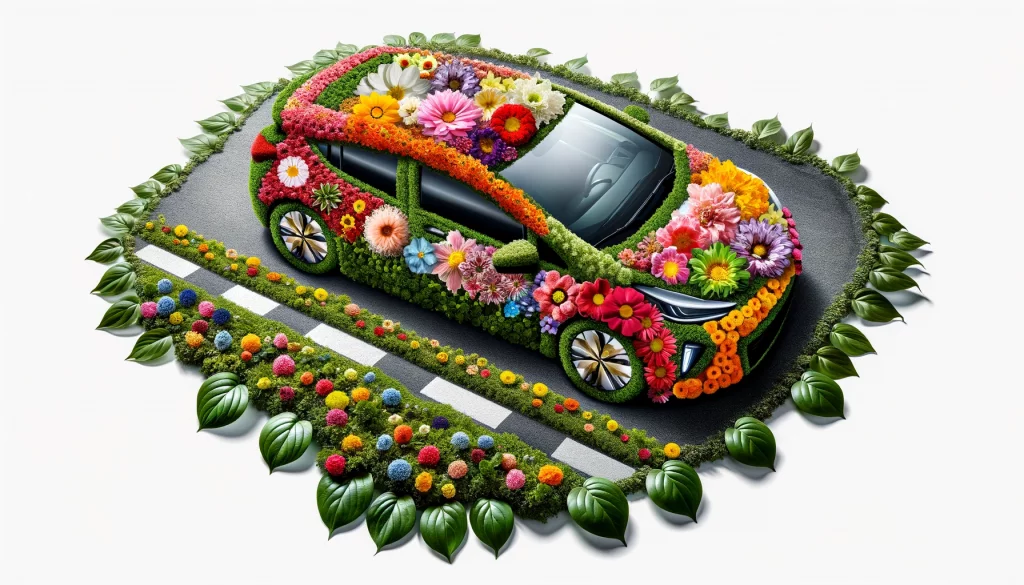 Vibrant floral composition depicting a these cars, illustrating the sustainable impact of technology.