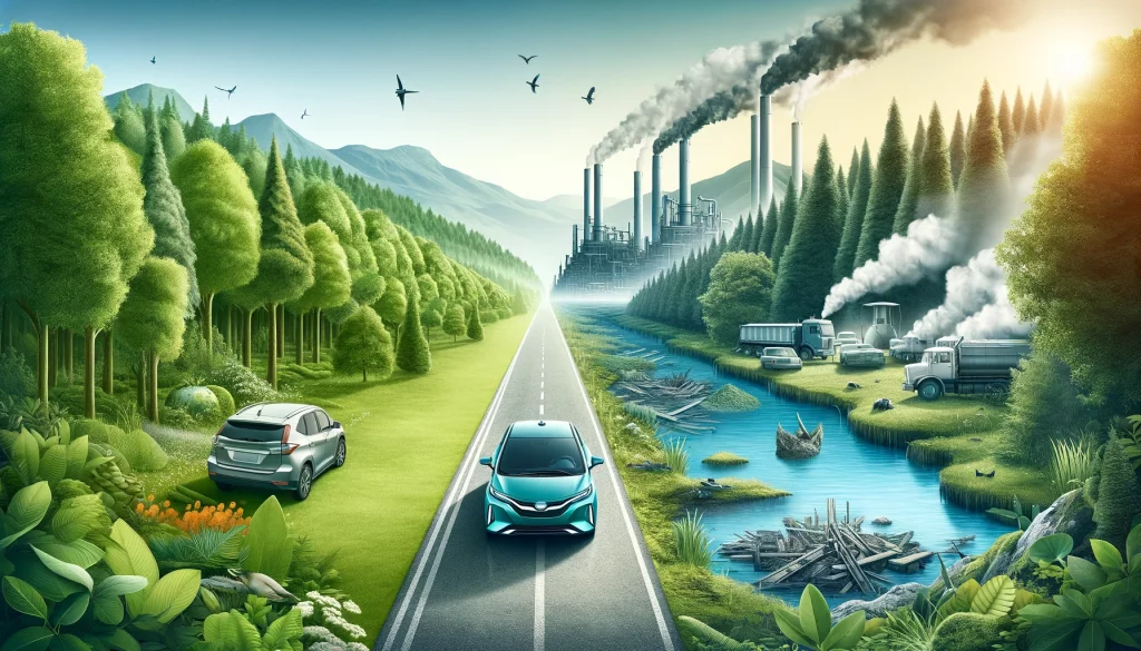 Visual contrast of a lush green forest and clean river against a polluted industrial area, highlighting the environmental benefits of hybrids versus traditional gasoline vehicles.