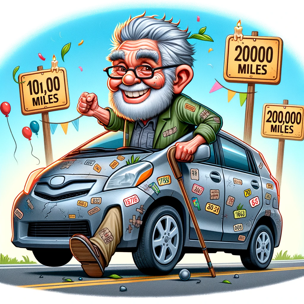 Humorous depiction of an old but energetic EV car celebrating high mileage milestones, highlighting the longevity of hybrid vehicles.