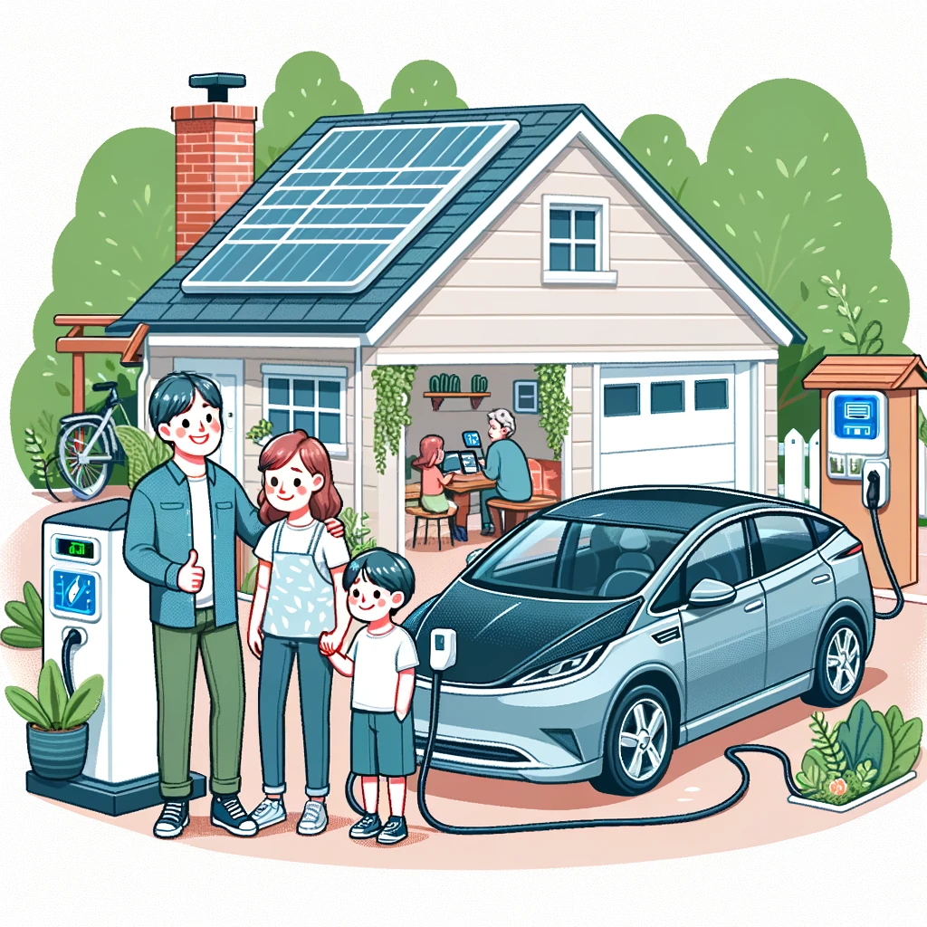 Family happily charging their plug-in in a suburban home setting, showcasing the convenience of home charging stations.